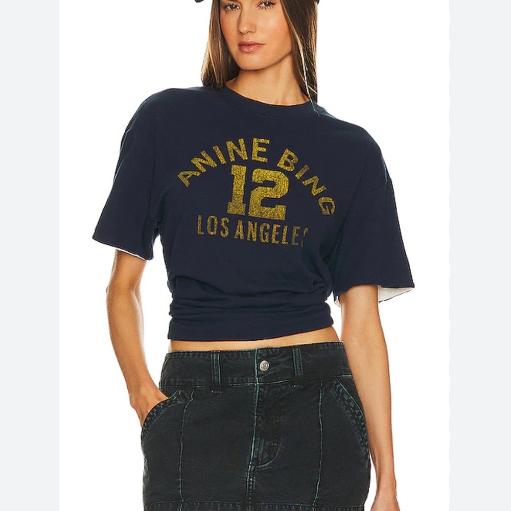 Anine Bing Cream Short-Sleeve Tee with Navy Trim and Graphic - Picture 5 of 7